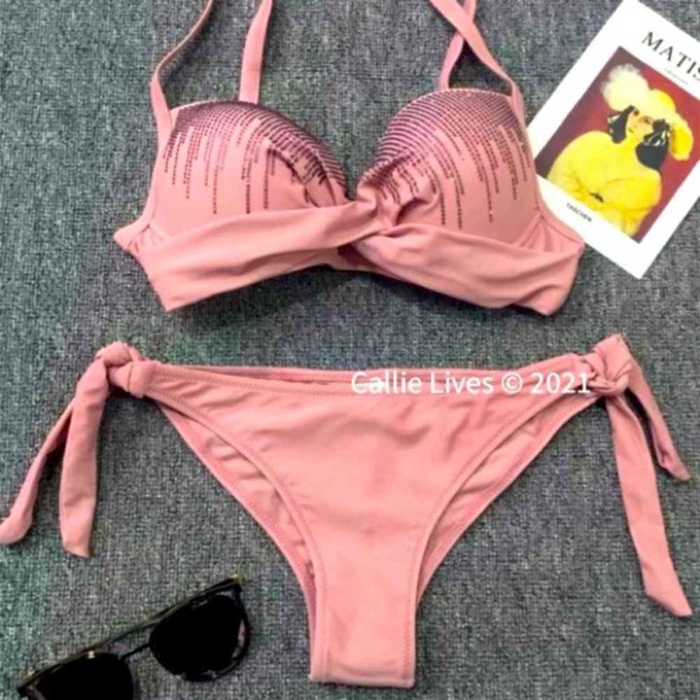 Callie Bling Dripping Rhinestone Mauve Pink Bikini - Picture 4 of 5